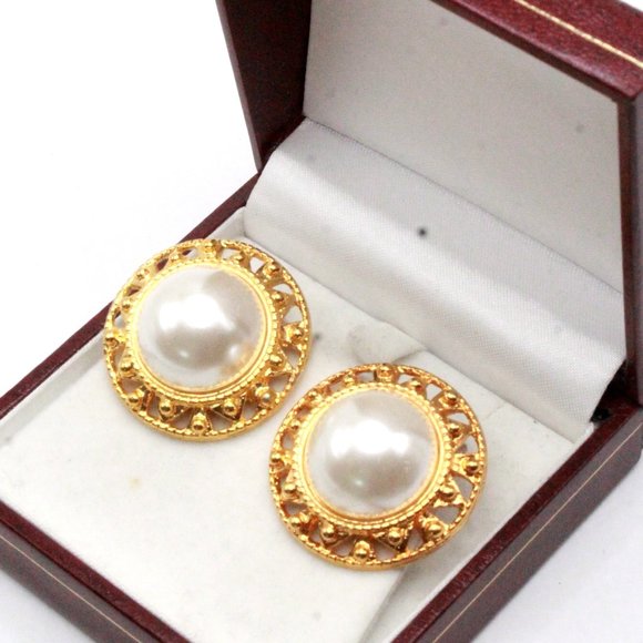 Anne Klein Signed Designer Couture Faux Pearl Gold Plate NOS Clip Earrings - Picture 5 of 8